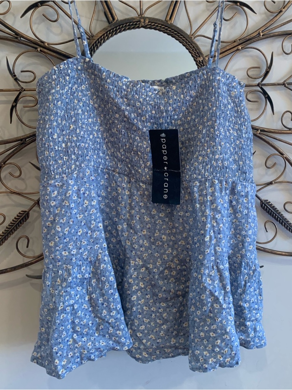 NWT Paper Crane Light Blue Floral Elastic Smocked Top with Slight Ruffle Hem